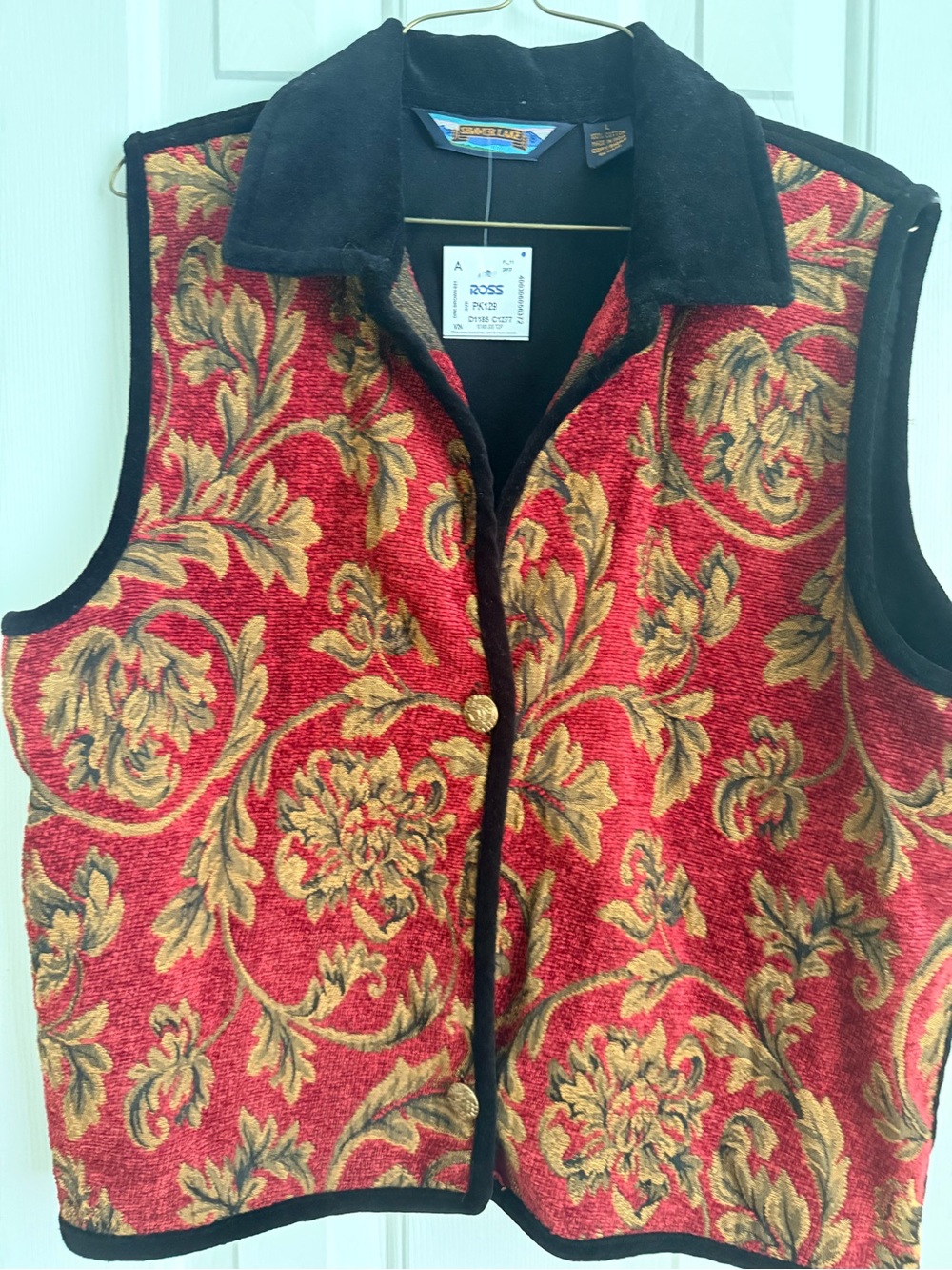 Vintage-Inspired Red Floral Jacquard Vest with Black Trim